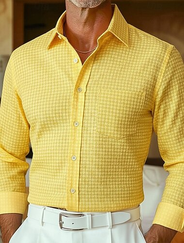  Herren Waffelhemd Kleidhemd Einfach Hochzeit Outdoor Hellblau Weiß Gelb Marineblau Langarm Umlegekragen Ganzjahres Bekleidung Rein