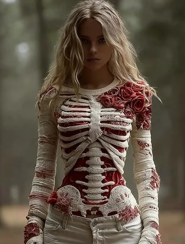  Свитер для женщин Милый Уличный стиль Повседневный Графический Скелет Круглый вырез Патчворк Вязаный Длинный рукав Обычные топы Вязаный Черный Красный Осень Зима