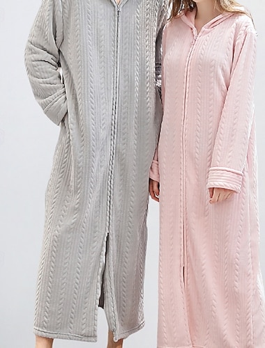  Damen Schlafanzug Robe Lässig Einfarbig Reißverschluss Urlaub Heim Täglich Langarm Kapuzenpullover Rosa Braun Grau Herbst Winter Figurbetonter Schnitt