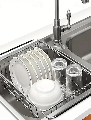  RVS afdruiprek – 3-in-1 uitbreidbare vaatwasser &Droogrek voor op het aanrecht, roestbestendig 304 staal, multifunctionele houder voor borden, kommen, kopjes &bestek