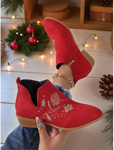  レディースレッドアンクルブーツ - クリスマス、パーティー、カジュアルスタイルにぴったりのフェイクスエード刺繍入りジッパーローヒールブーツ
