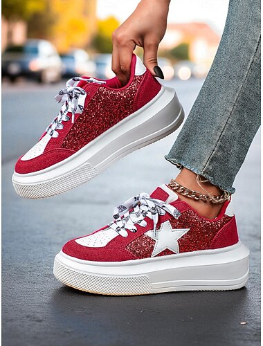  dameglitterstjerne-plattformsneakers - røde og hvite, kraftige snøresko med glitrende paljettdetaljer for gatestil og reiser &festivaler