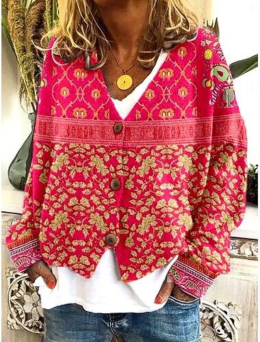  Per donna Felpa Cardigan Elegante Vintage Moda Floreale Grafico Scollo a V Tasca Lavorato a maglia Stampato Manica Lunga Top Regolari Maglia All'aperto Quotidiano Weekend Rosso Fucsia Autunno Inverno