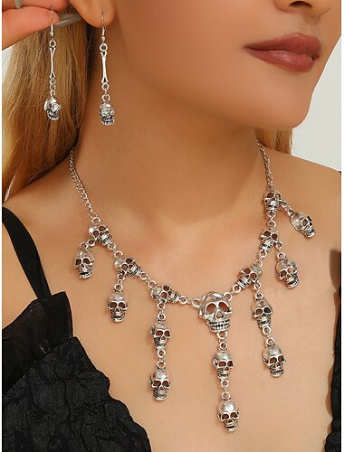  Set di collana e orecchini con teschio di Halloween da donna: gioielli gotici punk con più teschi nei colori oro e argento per feste, cosplay e costumi