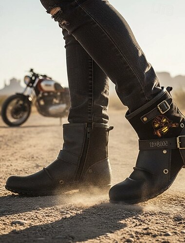  Men's Black Leather Motorcycle Boots with Buckle Straps and Embroidered Skull Design, Durable and Stylish for Biker and Casual Wear