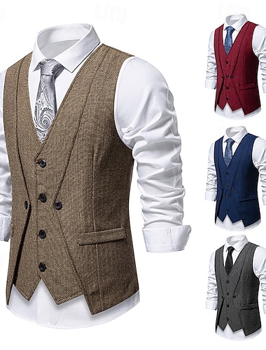  Herren Weste Gilet Urlaub Party Geschäft Mode Lässig Frühling Herbst Tasche 2 in 1 Knöpfe Polyester Bequem Einfach Einreihig Ein-Knopf V Ausschnitt Normale Passform Wein Marineblau Dunkelgray Kaffee