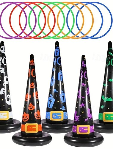  Cappello da strega gonfiabile di Halloween anelli da lancio in plastica per divertimento in giardino interno ed esterno oggetto per vacanza per adulti famiglia set di 15 anelli da lancio regalo di