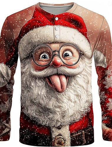  Муж. Новогодняя тематика Дед Мороз Милый Рубашка Хенли Длинный рукав Мода Симпатичные Стиль Повседневные Повседневные Праздники На выход Зима Весна & осень Красный Хенли Футболка Хенли