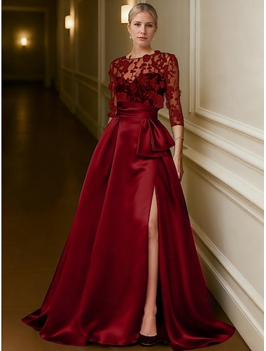  A-lijn Tot de grond Avondjurken Baljurk  Formele kleding Elegant Hoge splitsing Zijdeachtig 3/4 mouw Illusie Hals Bruiloft Formeel Zak Satijn Kant met Zak