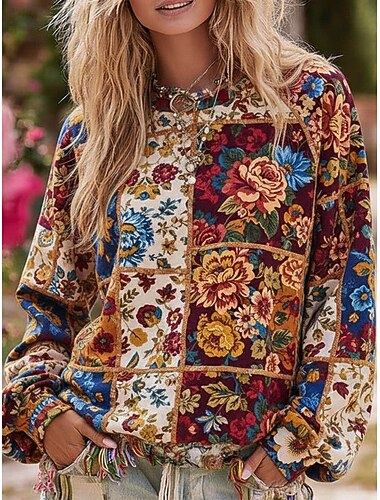  Γυναικεία Pullover Φούτερ Φλοράλ Βίντατζ Κομψό στυλ street Κλασσικό Μακρυμάνικο Στρογγυλή Ψηλή Λαιμόκοψη Κανονικά μπλουζάκια Καθημερινή Ένδυση Causal Στάμπα Κρασί Άνοιξη Φθινόπωρο
