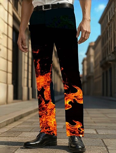  Homens Impressão 3D Labareda Social Calças Calça casual Cintura Média Casual Ao ar livre Férias Diário Verão Primavera Outono Impressão 3D Laranja Verde