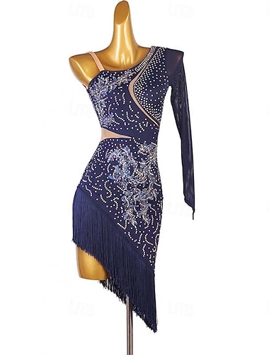  Robe de danse latine asymétrique pour femme, tenue de compétition, de rumba, de chacha, de samba, de cowboy et de corrida