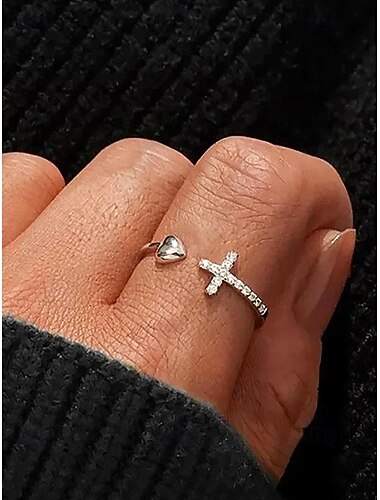  dames hart- en kruisring – verstelbare verzilverde open band met zirkonia, minimalistische sieraden voor dames en kerstcadeau