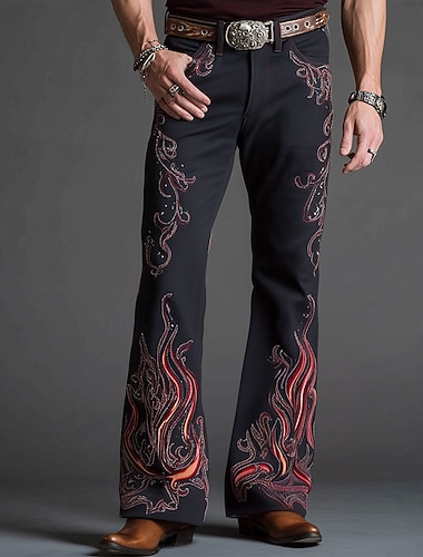  Herren Blumendruck Blumen Disco-Hosen 60er 70er Schlaghosen Mittlere Taille Western Vintage-Retro Outdoor Urlaub Lässig Seitentaschen Schlaghose Frühling Herbst 3D-Druck Dunkelblau