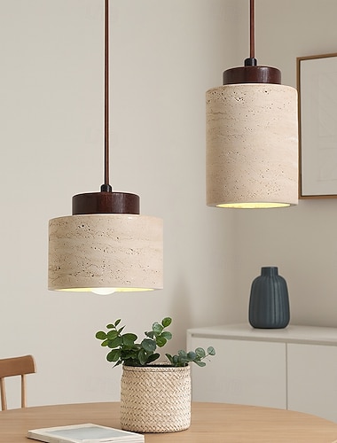  Suspension cylindrique en pierre naturelle style wabi-sabi, luminaire suspendu moderne en bois rustique, lustre industriel pour salle à manger, îlot de cuisine, chambre de style campagnard (ampoule de rechange offerte !)