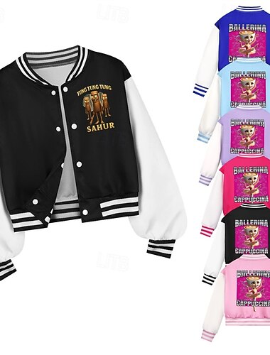  Giacca da baseball da ragazzo con stampa di ballerina e cappuccino, stile cartoon, stile italiano, stile brainrot