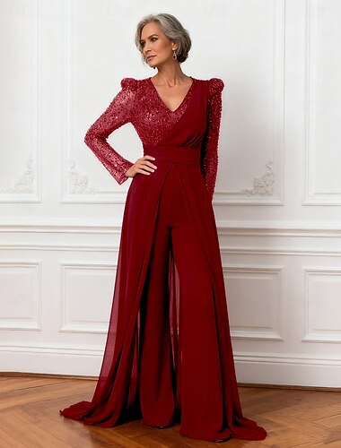  Combinaisons Longueur au sol manche longue Col en V Élégant Éclat & Brillance Formel Chiffon Robe de Mère de Mariée  avec Ceinture / Ruban Paillettes