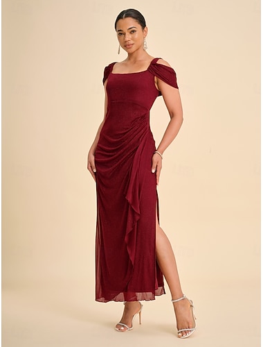  Damen Maxikleid Etui-Kleid Elegant Party Geburtstag Einfarbig Ärmellos Quadrathals Weinrot