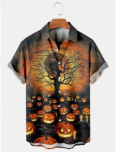  Halloween Homme Grimace Visage de lanterne Chemise Chemise d'été Chemise Décontractée Manches courtes Horreur Vacances Tenue quotidienne Le thème de la fête Printemps & Été Revers Imprimé Noir 4 Noir
