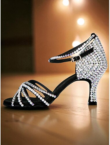  Zwarte latin danssandalen met strass voor dames - professionele ballroomschoenen met bandjes en glitter, enkelbandje en middelhoge hakken voor salsa, tango en performance