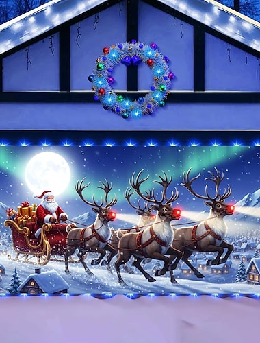  Osłona na drzwi garażowe na święta Bożego Narodzenia, zimowa dekoracja z motywem reniferów i zorzy polarnej, do domu, przedpokoju, salonu, sypialni, wnętrz i na zewnątrz, świąteczna, sezonowa dekoracja