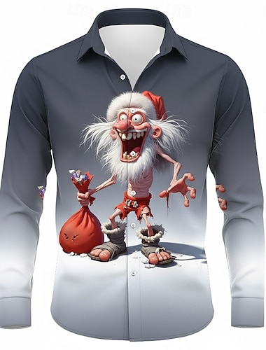  Noël Homme Père Noël Dégradé de Couleur Noël drôle Chemise Chemise Boutonnée manche longue Drôle Extérieur Fête Printemps Automne Col Rabattu Impression 3D chemises à col Bleu Gris