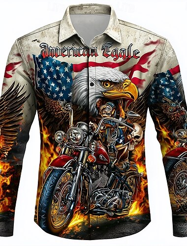  Men's Hellfire Flames American US Flag Eagle Shirt Button Up Shirt Long Sleeve Vintage Retro Outdoor Casual Holiday Spring Fall Turndown 3D Print Collared Shirts Khaki Beige