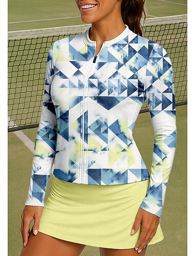  Damen Geometrisch Sporthemd Tennis Shirt Tennistop Langarm Reißverschluss Blumen UPF50+ UV-beständig Hohe Elastizität Feuchtigkeitsableitend Atmungsaktiv Volleyball Tennis Golfspiel Stehkragen