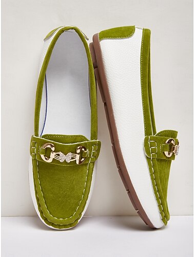  Dámské zelené loafery - Slip-on řidičské boty s ozdobným kovovým přezkou z broušeného kamene pro kancelářské a casual outfity