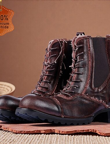  Men's Brown Leather Work Boots – Vintage Cowhide Lace-Up Ankle Shoes with Rugged Sole for Construction, Outdoor Adventure and Casual Daily Wear