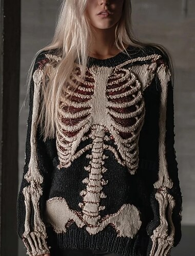  Halloween Kvinnors Tröja Skeleton Söt Streetwear Avslappnad Grafisk Skeleton Crew Neck Patchwork Stickad Lång Ärmar Regular Tops KnitRöd Orange Höst Vinter