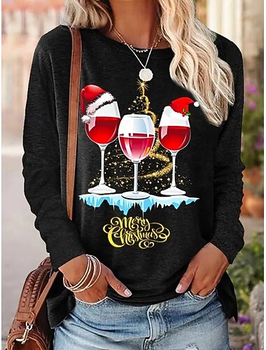  Natal Mulheres Camiseta Copo de vinho Vintage à moda Clássico Manga Longa Gola Redonda Decote Redondo Tops regulares Final de semana Imprimir Preto Rosa Azul Cáqui Inverno