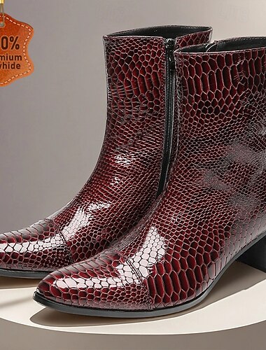  Botas masculinas de couro legítimo com zíper e estampa de crocodilo na cor bordô – botins retrô para negócios, festas noturnas e ocasiões especiais