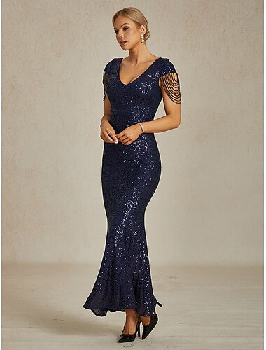  Kvinne Sequins Maxi Kjole Skjørt Kjole Trumpet Havfrue Kjole Krystall Elegant Cocktail Halvformell Fest Kveld Fest Enfarget Uten Ermer V Hals Marinblå Vår Høst Vinter
