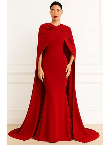  Meerjungfrauenschnitt Schlauchkleid Bodenlang Ballkleid mit Cape Abendkleid Festliche Kleidung Elegant seidig Ärmellos Hoher Ausschnitt Hochzeit Formell Capes Stretch-Crêpe mit Schal