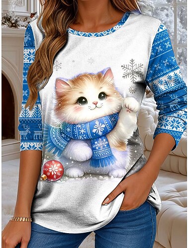 Χριστούγεννα Γυναικεία Μπλουζάκι Γραφική Γάτα Χριστούγεννα Βίντατζ Μοντέρνα Στυλάτο Μακρυμάνικο Στρογγυλή Ψηλή Λαιμόκοψη Κανονικά μπλουζάκια Καθημερινά Σαββατοκύριακο Στάμπα