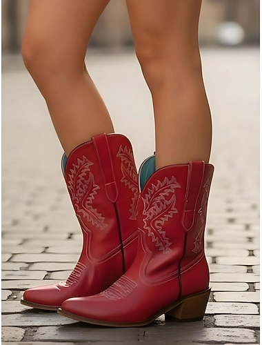 Per donna Stivali Stivali da Cowboy Quotidiano Tinta unica Tinta unita Ricamato Tronchetti Ricamo Tacco grosso Punta a Punta Vintage Pelle PU Finta Pelle PU Slip-on Leopardo Bianco Rosso