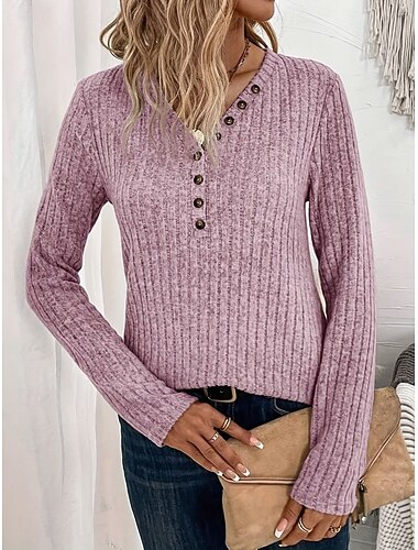  女性用 ニット カジュアル ソフト ピュアカラー リブ Ｖネック ニット 長袖 レギュラートップス ニット アウトドア 日常 週末 ピンク ルビーレッド 秋 冬