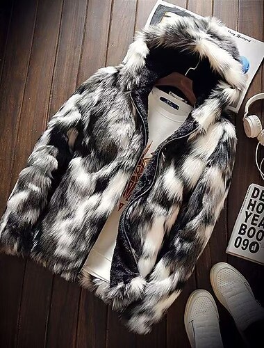  Ανδρικά Χειμωνιάτικα μπουφάν Casual Jacket Παλτό Faux Fur Διακοπές Καθημερινά Διατηρείτε Ζεστό Τσέπη Γούνα Χειμώνας Λεοπάρ Μοντέρνα Κομψό στυλ street Με Κουκούλα Κανονικό Μαύρο Σακάκια