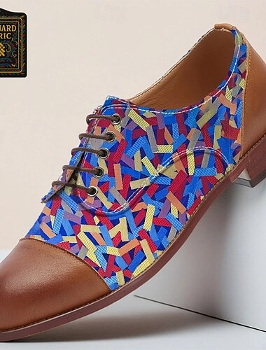  Chaussures Oxford pour homme en tissu jacquard bleu – Chaussures habillées à lacets avec bout en cuir pour mariages, banquets et fêtes