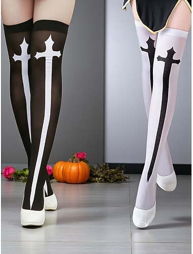  Dames Halloween kruisprint dijhoge kousen - gotische overknee kostuumpanty's voor feesten, cosplay en avondje uit