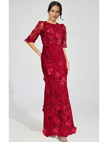  Футляр В пол Выпускные платья Вечернее платье С пышной юбкой Торжественное платье Элегантный стиль Винтаж Рукав до локтя Вырез под горло Официальные Свадьба Кружева с Блеск