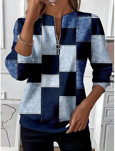  Per donna Felpa Pullover Felpe con cerniera Grafico Geometrico Blocco di colori Moda Casual Manica Lunga Girocollo Top Regolari Streetwear Abbigliamento Quotidiano Cerniera Stampato Viola Blu scuro