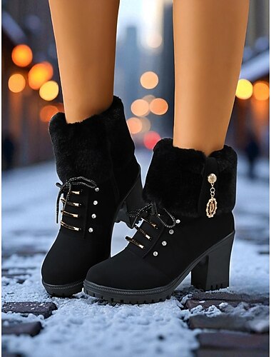  Women's Black Faux Fur Lace-Up Ankle Boots with Chunky Heels – Warm Winter Snow Boots for Christmas Markets,  Casual and Trendy Streetwear