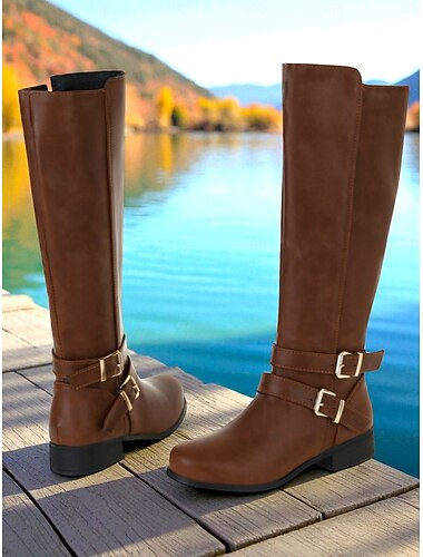  Bottes d'équitation montantes en similicuir marron pour femme avec double boucle, style vintage décontracté pour l'extérieur, la mode d'automne et le quotidien