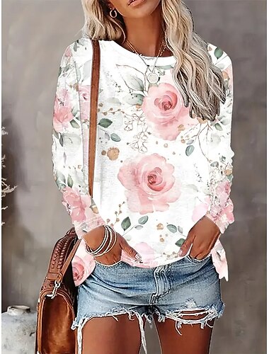  女性用 Tシャツ フラワー グラフィック 植物 ヴィンテージ スタイリッシュ クラシック 長袖 クルーネック ラウンドネック レギュラートップス 日常 プリント ピンク 春 秋 冬
