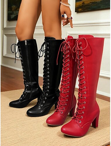  Bottes hautes à lacets pour femmes avec talon carré – Bottes hautes en similicuir de style gothique victorien pour dames, parfaites pour le cosplay, le steampunk, les fêtes et les tenues de mode