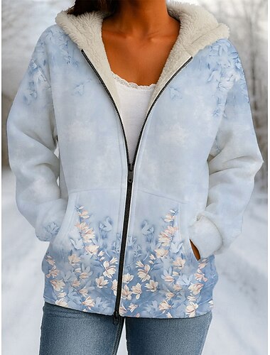  Damen Winterjacke Winterjacke Fleece-Futter Winddicht Warm Reißverschluss Tasche Fleece-Futter Casual Floral Casual Athleisure Alltag Tägliche Kleidung Regular Kapuze Langarm Oberbekleidung Hellgrün
