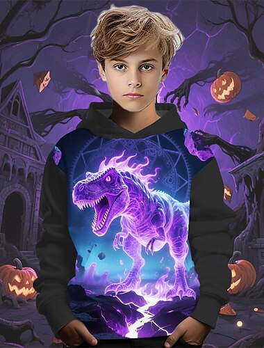  ハロウィーン 男の子 3D カートゥン 恐竜 パーカー 長袖 春 秋 ファッション ストリートファッション 子供 4〜12年 フード付き アウトドア カジュアル 日常 レギュラー
