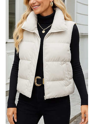  Damen Weste Bequem Atmungsaktiv Tasche Lässig Einfach Urlaub Straße Lässig Alltagskleidung Reisverschluss Kurz Stehkragen Lässiger Schnitt Ärmellos Oberbekleidung Schwarz Weiß Khaki Frühling Herbst